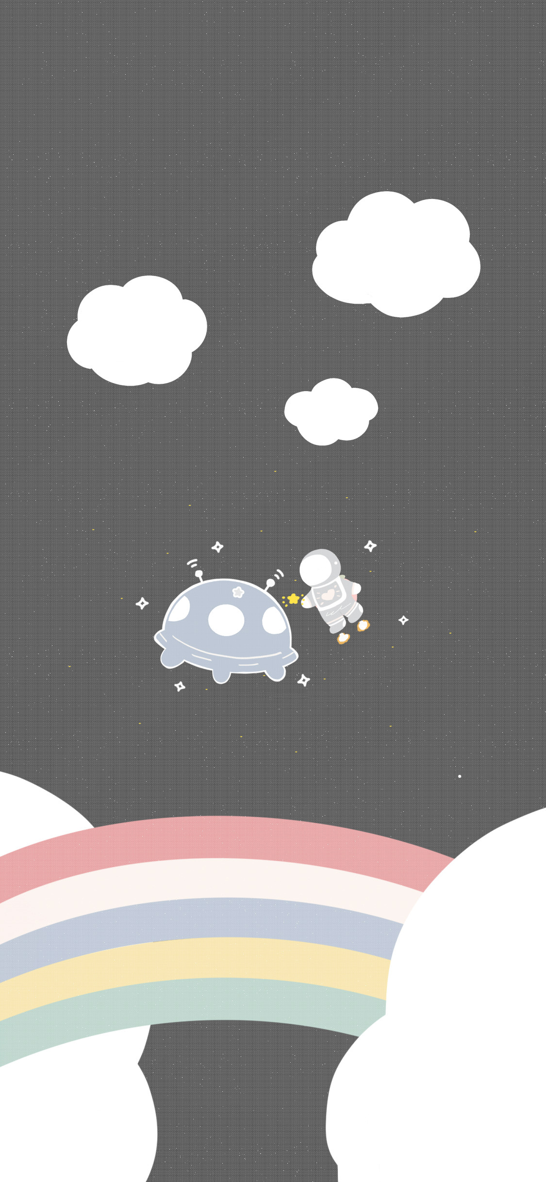 [2436×1125]插图 彩虹 太空 飞碟 宇航员 苹果手机动漫壁纸图片