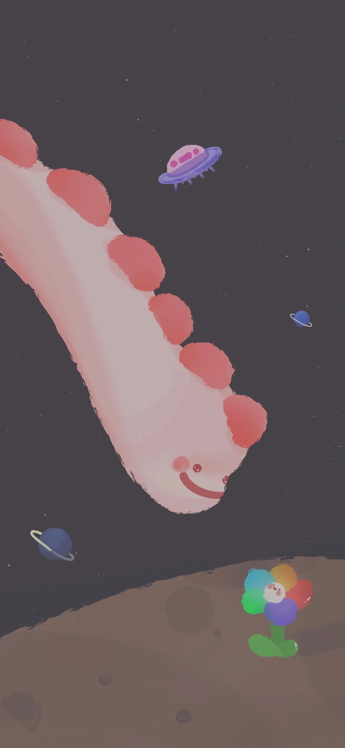 [2436×1125]插图 恐龙 行星 小花（取自微博：magua） 苹果手机动漫壁纸图片