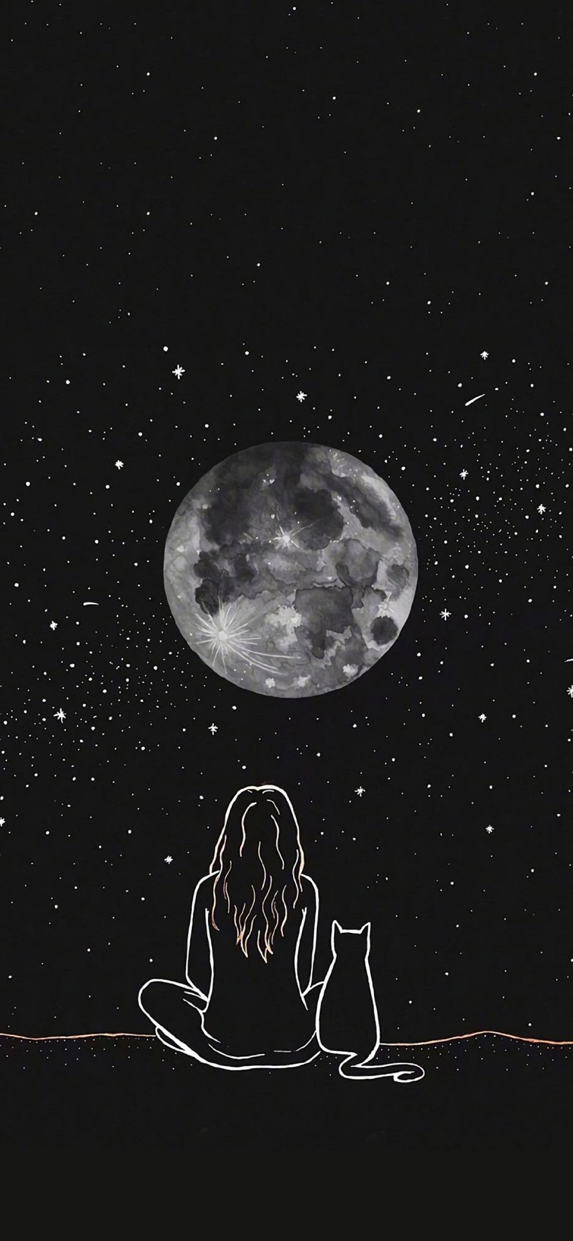 [2436×1125]插图 星球 星空 背影 猫咪 苹果手机动漫壁纸图片