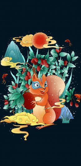 [2436x1125]插图 松鼠 花草 华丽（取自站酷网：辰子ChenRui） 苹果手机动漫壁纸图片