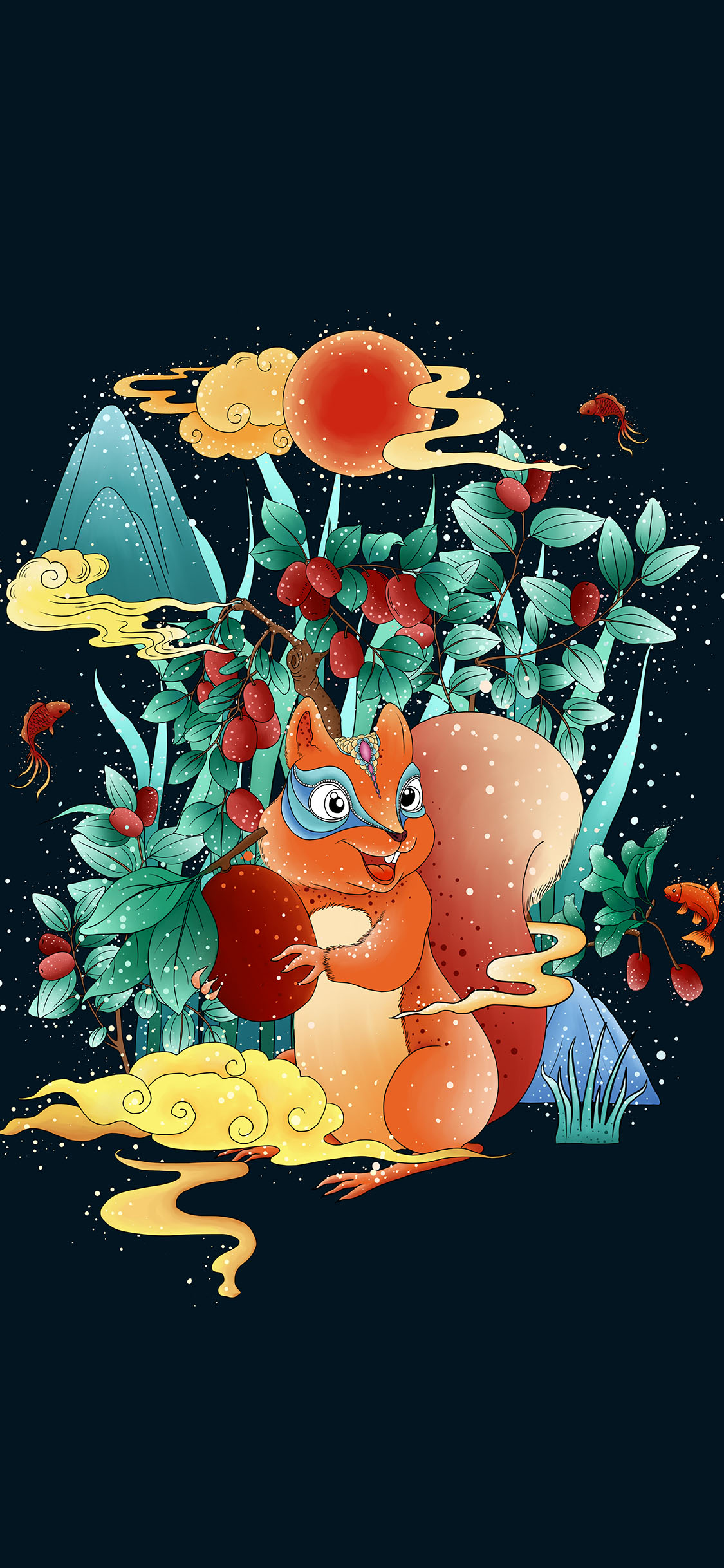 [2436×1125]插图 松鼠 花草 华丽（取自站酷网：辰子ChenRui） 苹果手机动漫壁纸图片