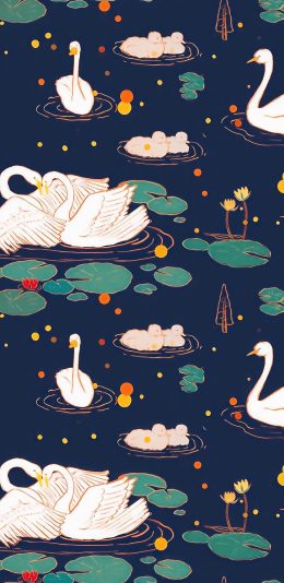 [2436x1125]插图 池塘 天鹅 荷叶 苹果手机动漫壁纸图片