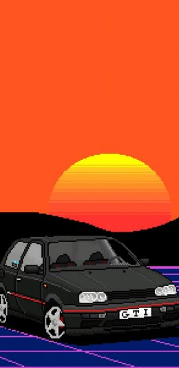 [2436x1125]插图 汽车 日落 像素画 苹果手机动漫壁纸图片