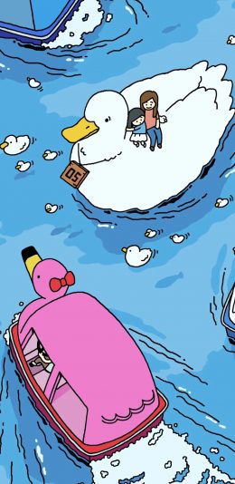 [2436x1125]插图 游船 鸭子造型 苹果手机动漫壁纸图片