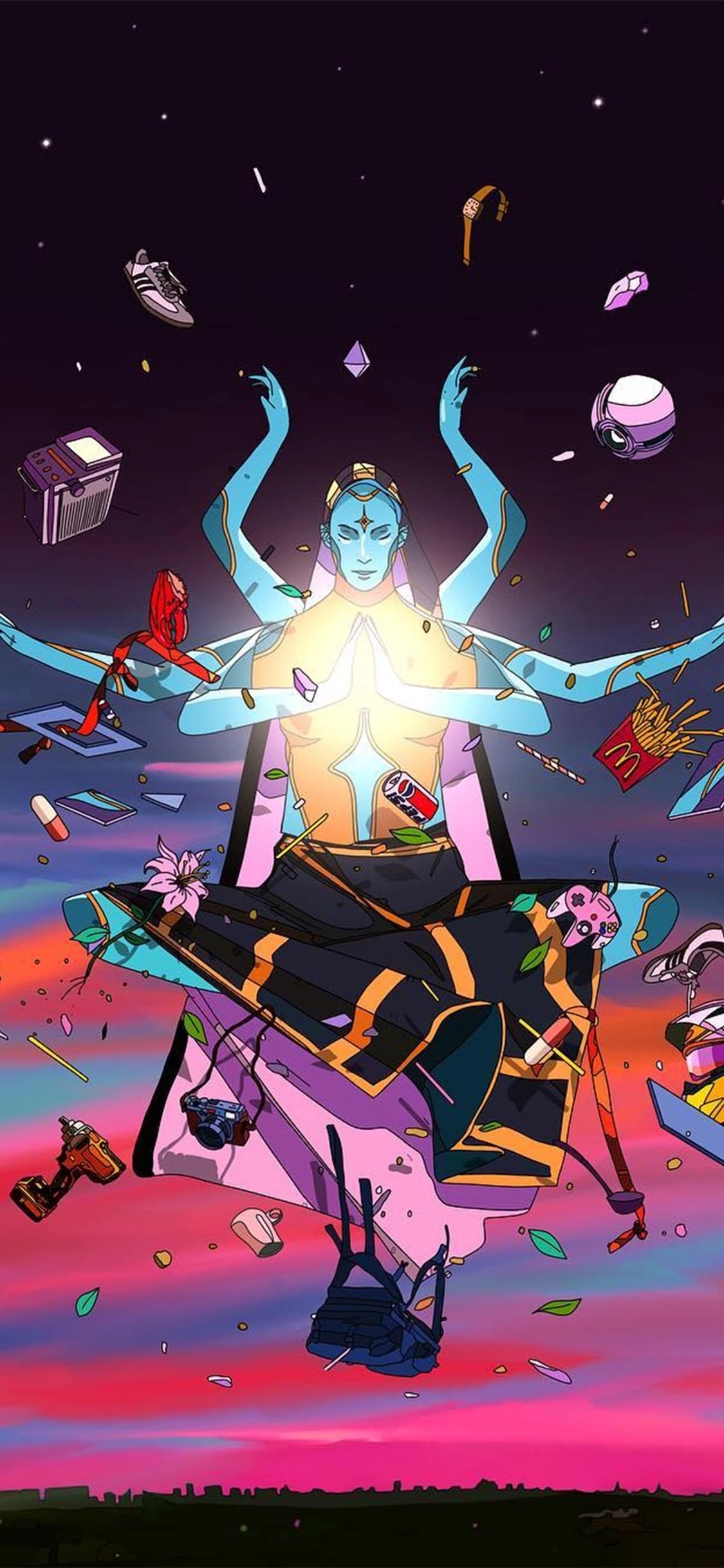 [2436×1125]插图 潮图 六臂 修炼 怪诞 苹果手机动漫壁纸图片