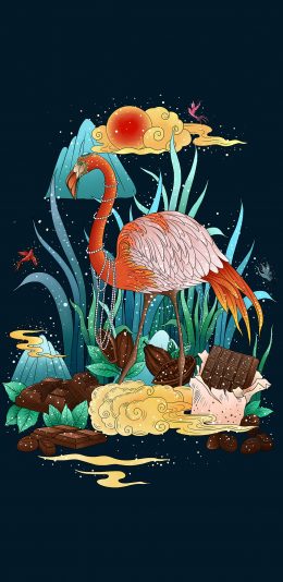 [2436x1125]插图 火烈鸟 花草 华丽（取自站酷网：辰子ChenRui） 苹果手机动漫壁纸图片