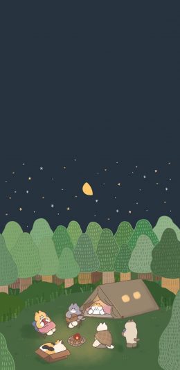 [2436x1125]插图 猫咪 篝火 晚会 苹果手机动漫壁纸图片