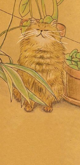 [2436x1125]插图 猫咪 绿植 可爱 苹果手机动漫壁纸图片
