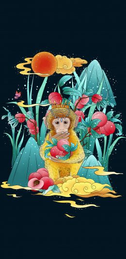 [2436x1125]插图 猴子 花草 华丽（取自站酷网：辰子ChenRui） 苹果手机动漫壁纸图片