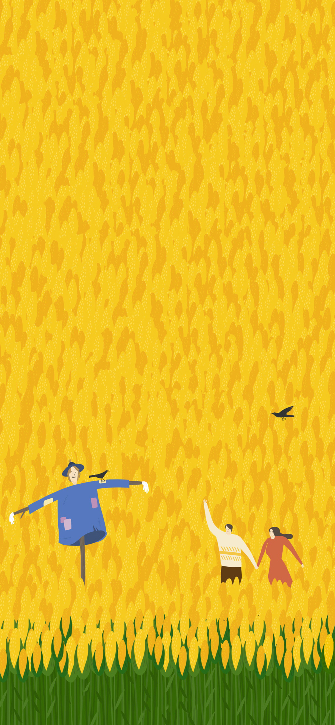 [2436×1125]插图 玉米田 稻草人 情侣 苹果手机动漫壁纸图片