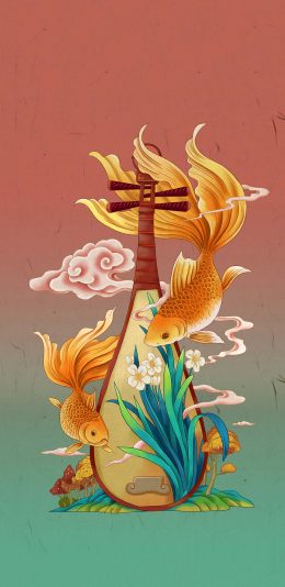 [2436x1125]插图 琵琶 乐器 锦鲤 古风 苹果手机动漫壁纸图片