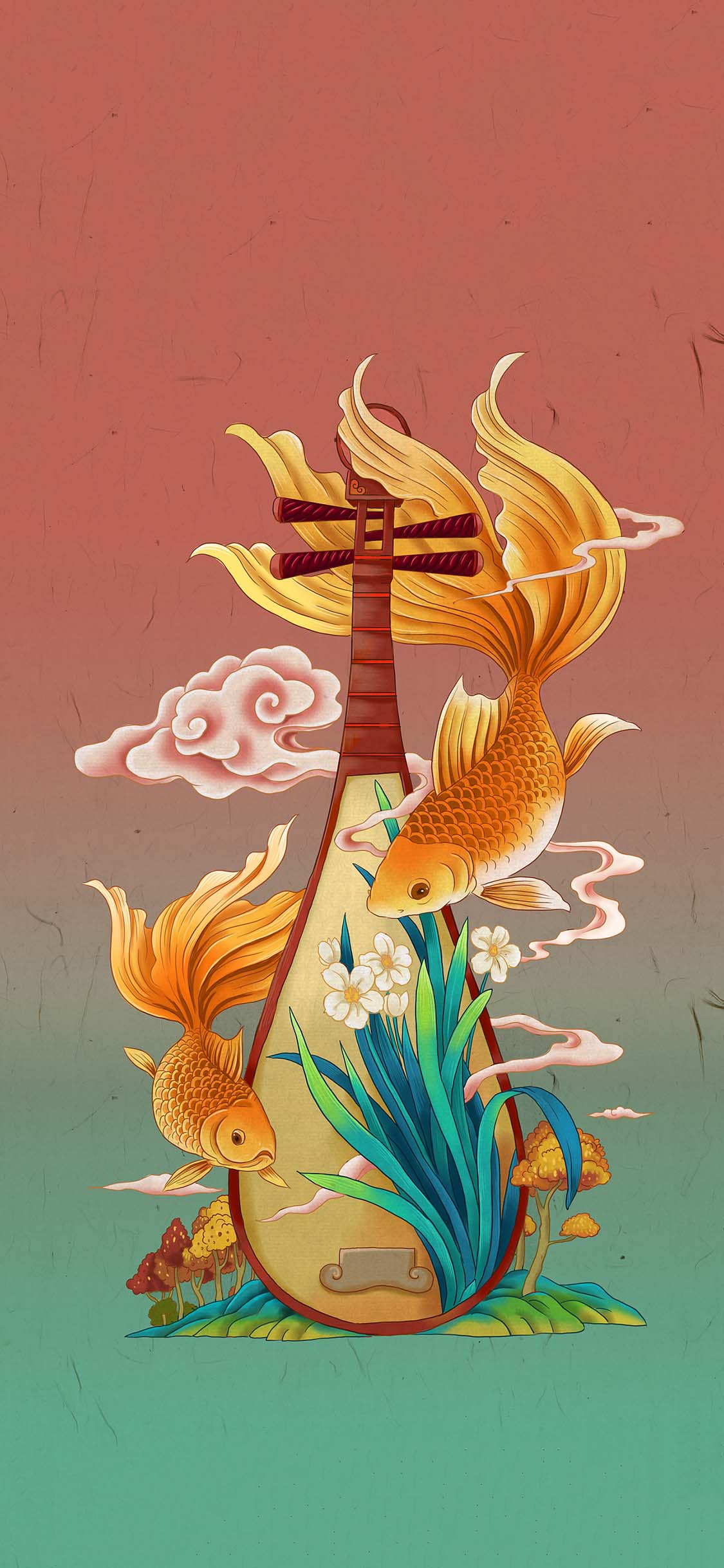 [2436×1125]插图 琵琶 乐器 锦鲤 古风 苹果手机动漫壁纸图片