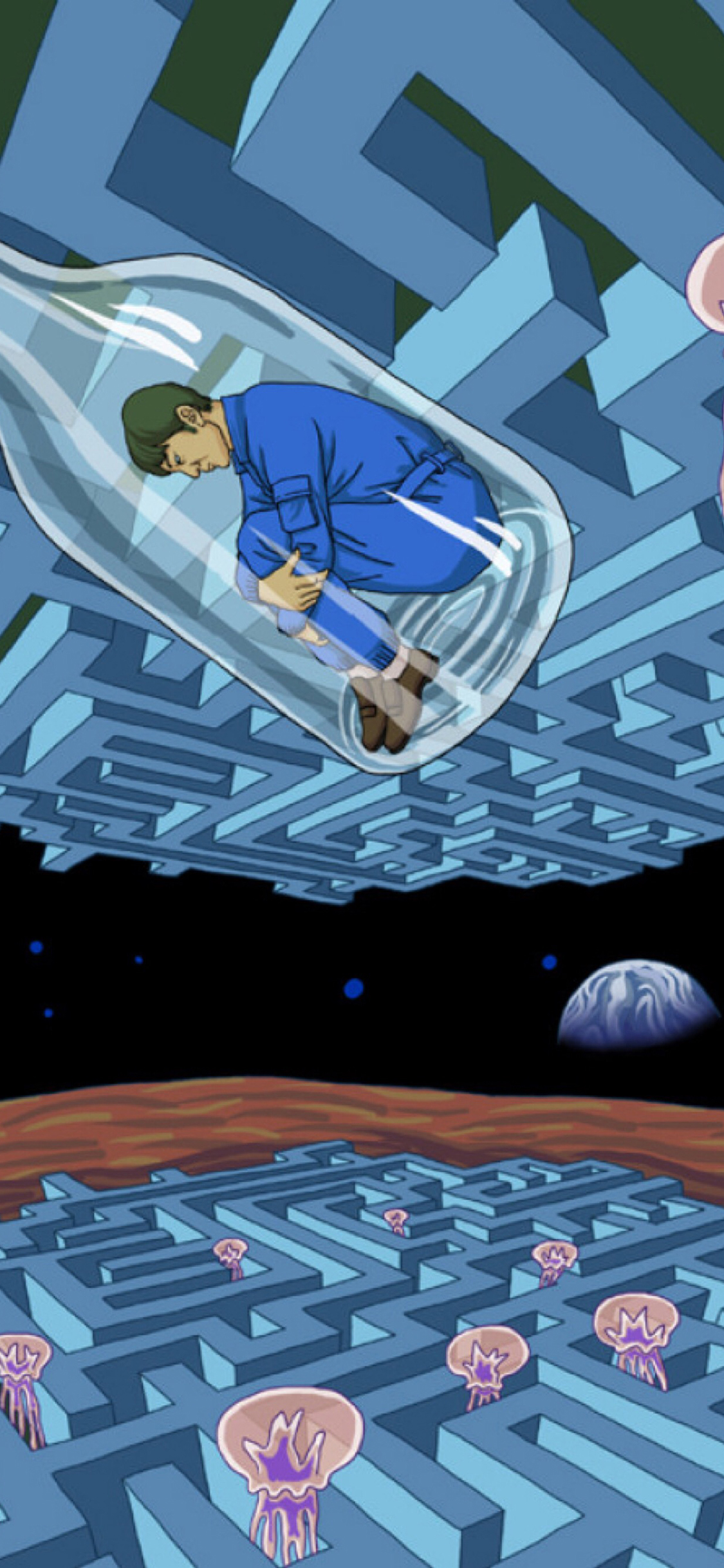 [2436×1125]插图 瓶子 人物 禁锢 水母 苹果手机动漫壁纸图片