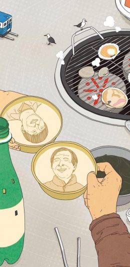 [2436x1125]插图 笑脸 烤肉 创意 怪诞 苹果手机动漫壁纸图片