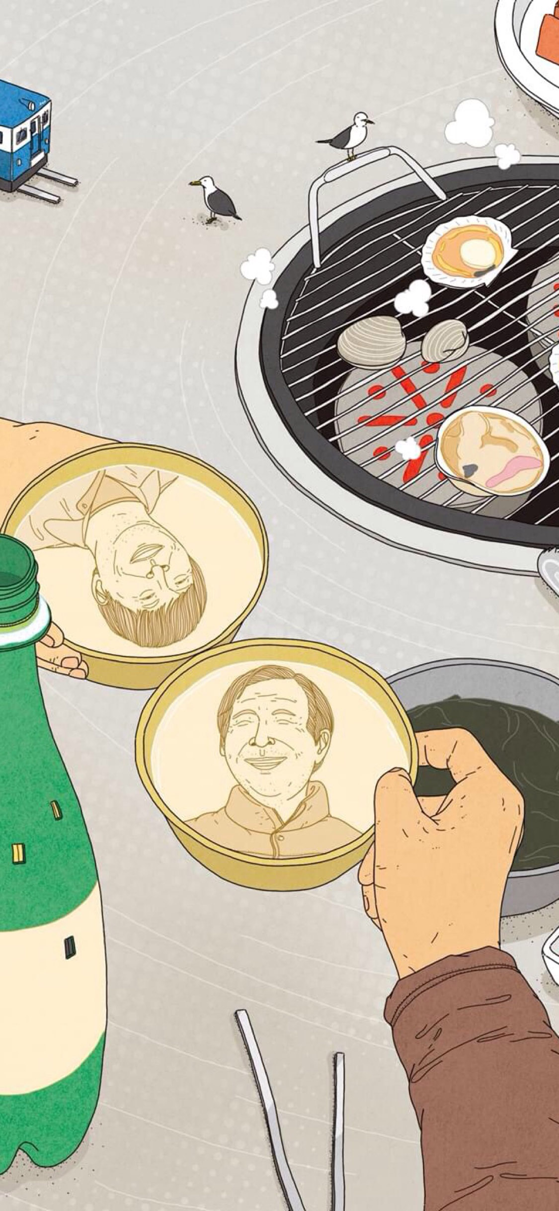 [2436×1125]插图 笑脸 烤肉 创意 怪诞 苹果手机动漫壁纸图片