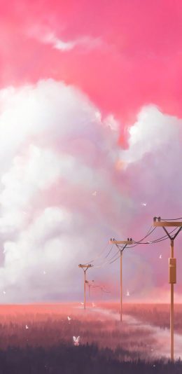 [2436x1125]插图 粉色 天空 兔子 电信杆 苹果手机动漫壁纸图片