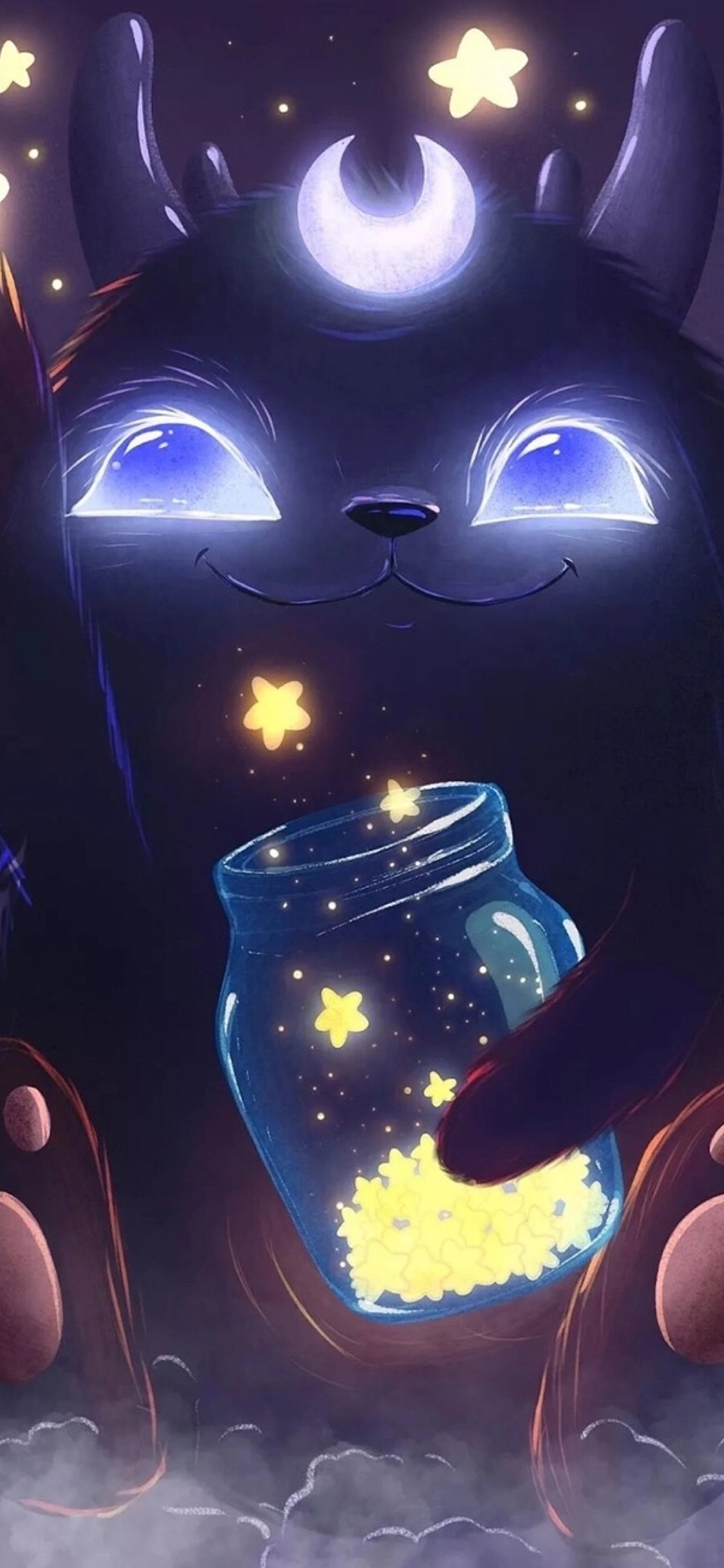 [2436×1125]插图 精灵 月牙 星星 苹果手机动漫壁纸图片