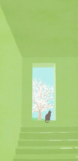 [2436x1125]插图 绿色 猫咪 树木 苹果手机动漫壁纸图片