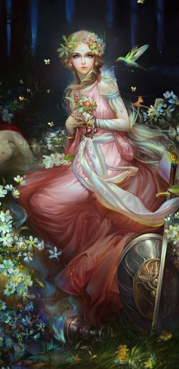 [2436x1125]插图 花丛 花仙子 蜂鸟 唯美 苹果手机动漫壁纸图片