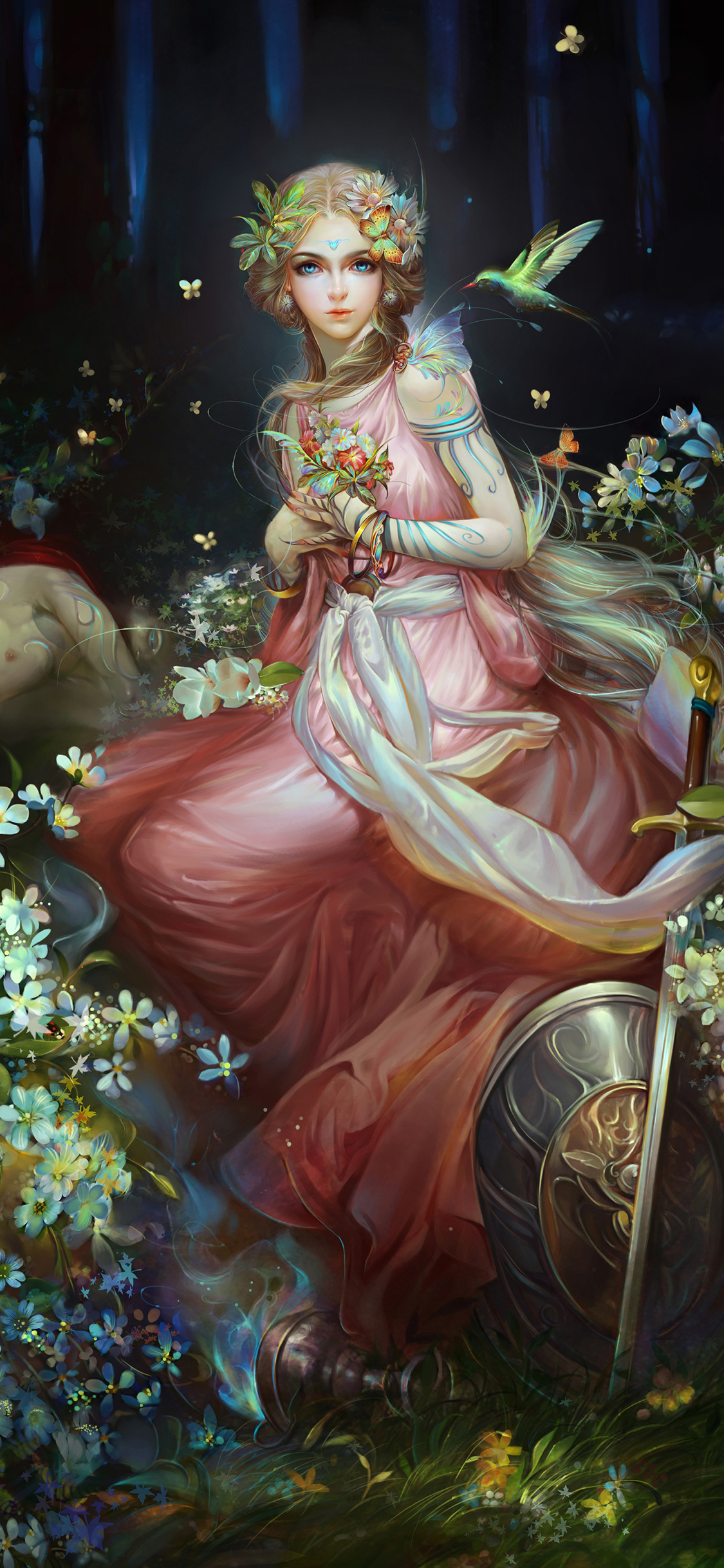 [2436×1125]插图 花丛 花仙子 蜂鸟 唯美 苹果手机动漫壁纸图片