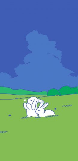 [2436x1125]插图 草地 兔子 色彩 苹果手机动漫壁纸图片
