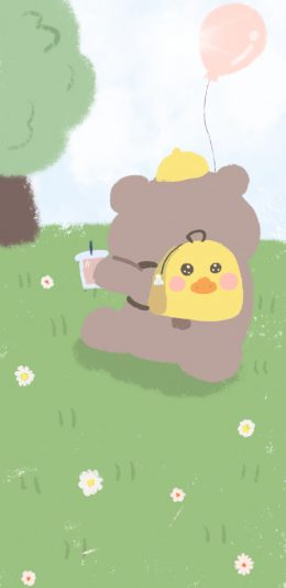 [2436x1125]插图 草地 小熊 背影 可爱 苹果手机动漫壁纸图片
