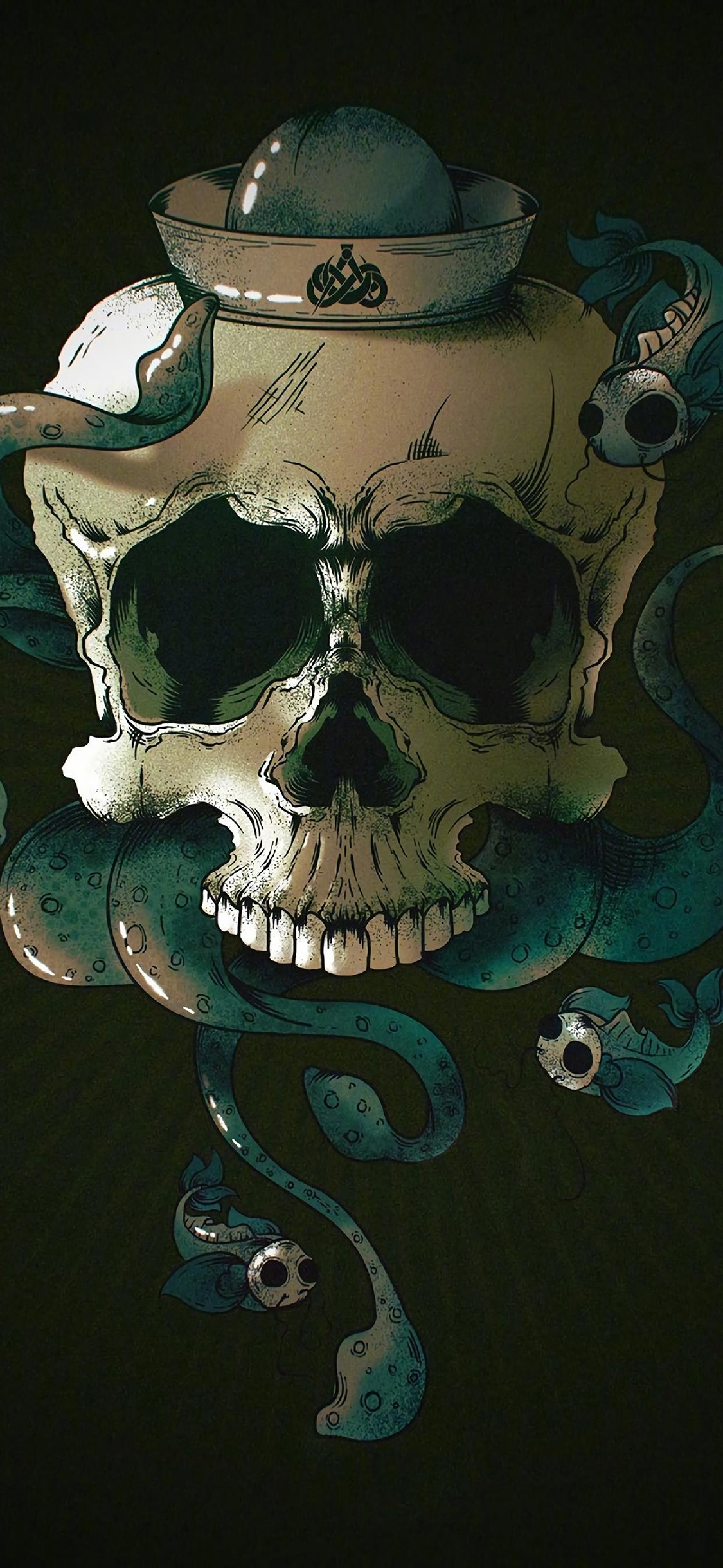 [2436×1125]插图 诡异 恐怖 骷颅头 苹果手机动漫壁纸图片