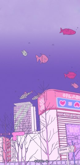 [2436x1125]插图 韩系 紫色渐变 鱼 苹果手机动漫壁纸图片