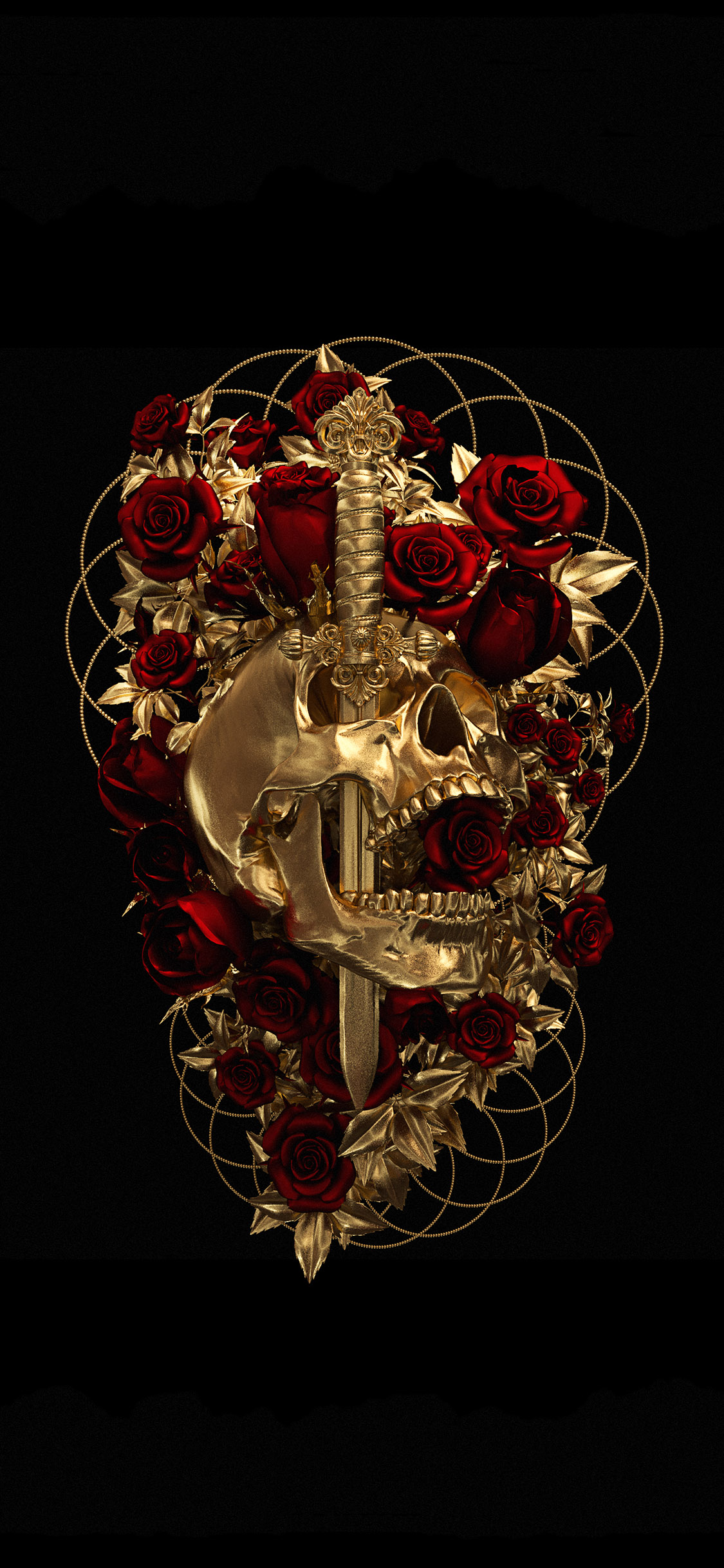 [2436×1125]插图 骷颅头 刀剑 红玫瑰 苹果手机动漫壁纸图片