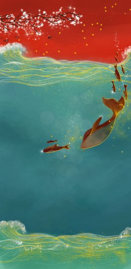 [2436x1125]插图 鲸鱼 红色 鱼群 苹果手机动漫壁纸图片