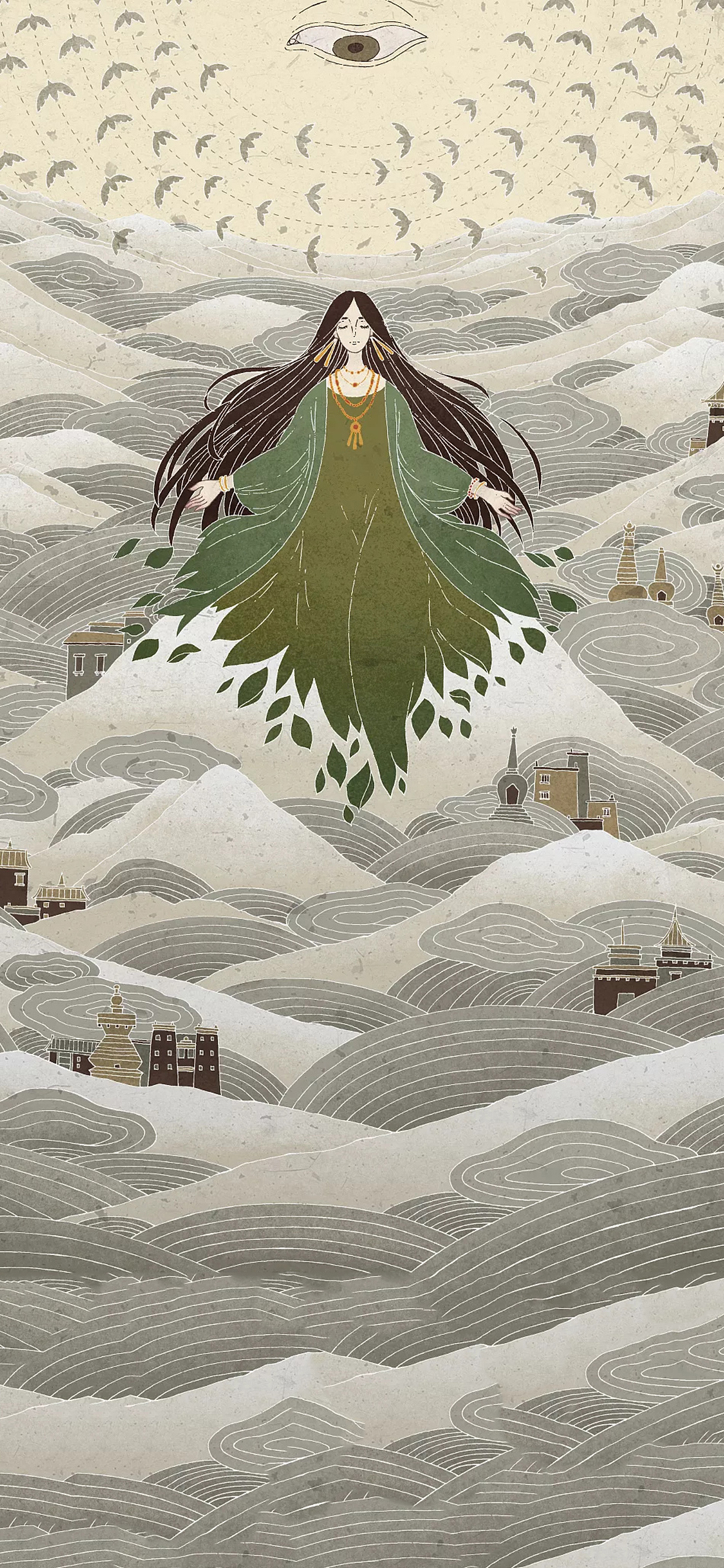 [2436×1125]插画 信仰 女神 天眼 苹果手机动漫壁纸图片