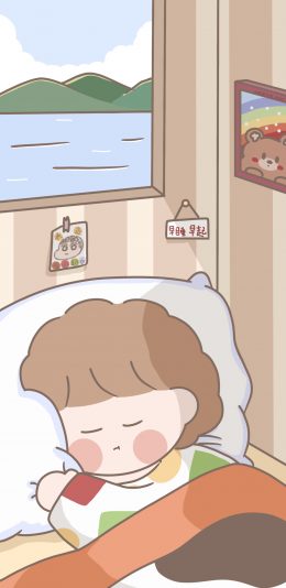 [2436x1125]插画 卡通 女孩 水面 再睡早起 苹果手机动漫壁纸图片