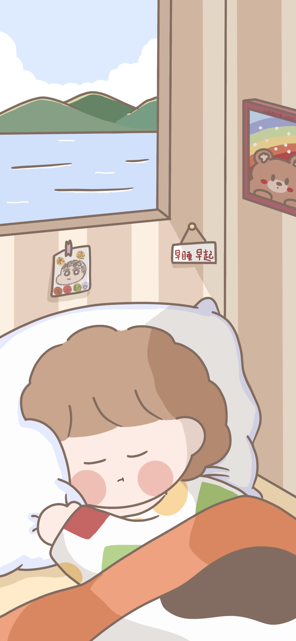 [2436×1125]插画 卡通 女孩 水面 再睡早起 苹果手机动漫壁纸图片