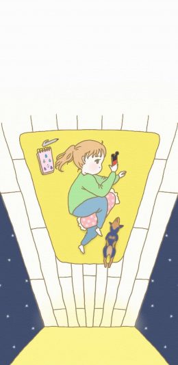 [2436x1125]插画 卡通 女孩 睡觉 狗子 苹果手机动漫壁纸图片