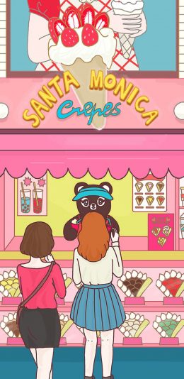 [2436x1125]插画 可丽饼 小浣熊 女孩背影 苹果手机动漫壁纸图片