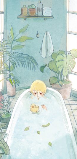 [2436x1125]插画 场景 卡通 洗澡 小黄鸭 苹果手机动漫壁纸图片