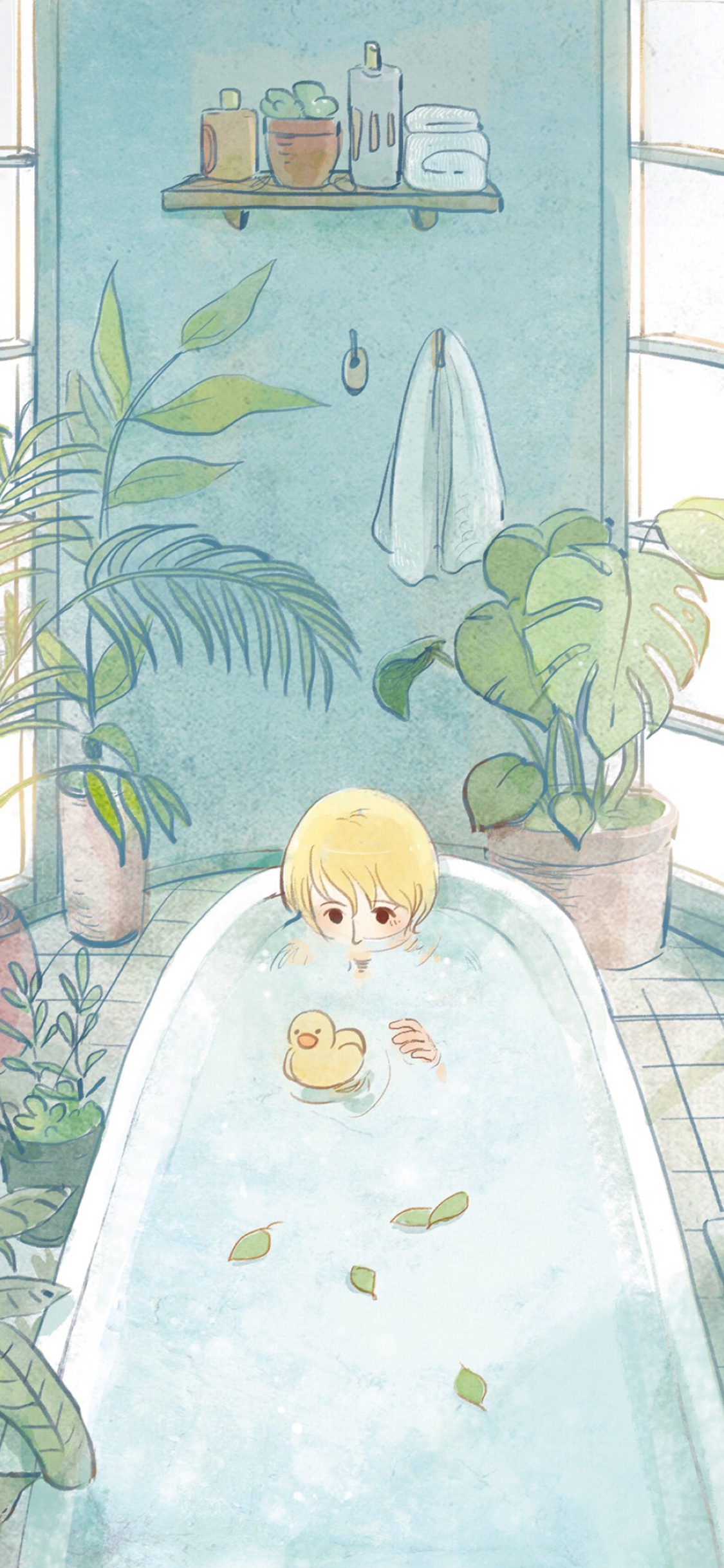 [2436×1125]插画 场景 卡通 洗澡 小黄鸭 苹果手机动漫壁纸图片