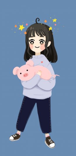 [2436x1125]插画 女孩 可爱 卡通 猪 苹果手机动漫壁纸图片