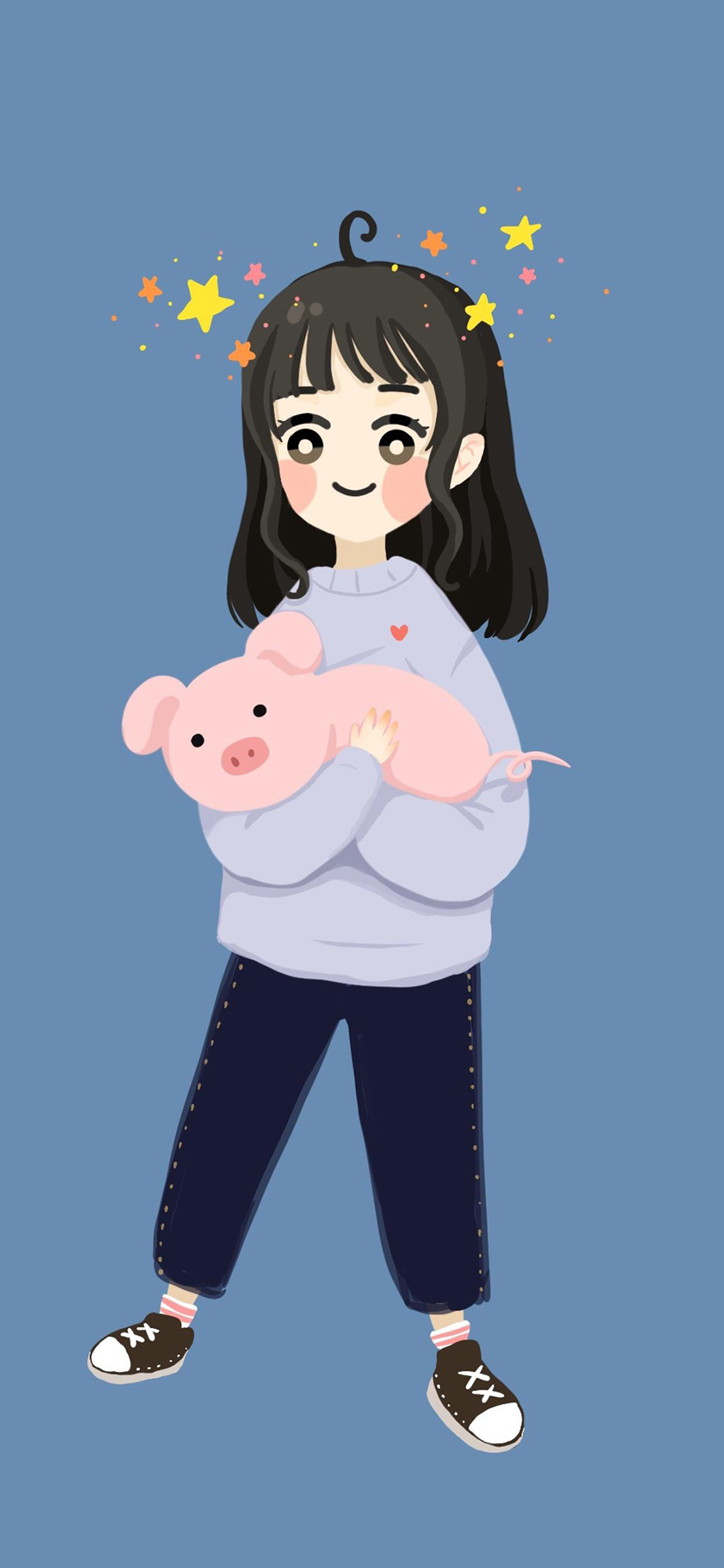 [2436×1125]插画 女孩 可爱 卡通 猪 苹果手机动漫壁纸图片