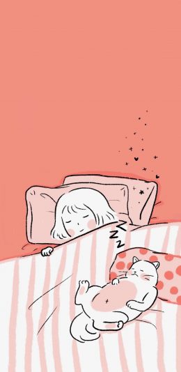 [2436x1125]插画 女孩 睡觉 猫咪 苹果手机动漫壁纸图片