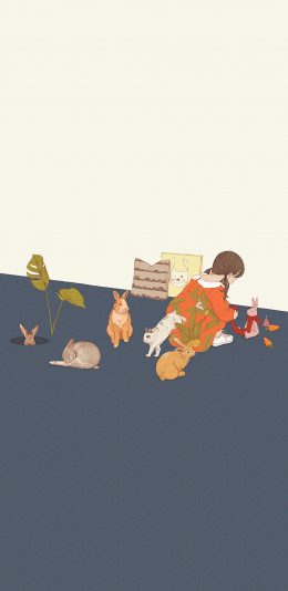 [2436x1125]插画 女孩 背影 兔子 苹果手机动漫壁纸图片