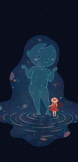 [2436x1125]插画 女孩 行星 童真 苹果手机动漫壁纸图片