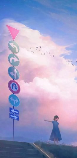 [2436x1125]插画 女孩 路牌 天空 苹果手机动漫壁纸图片
