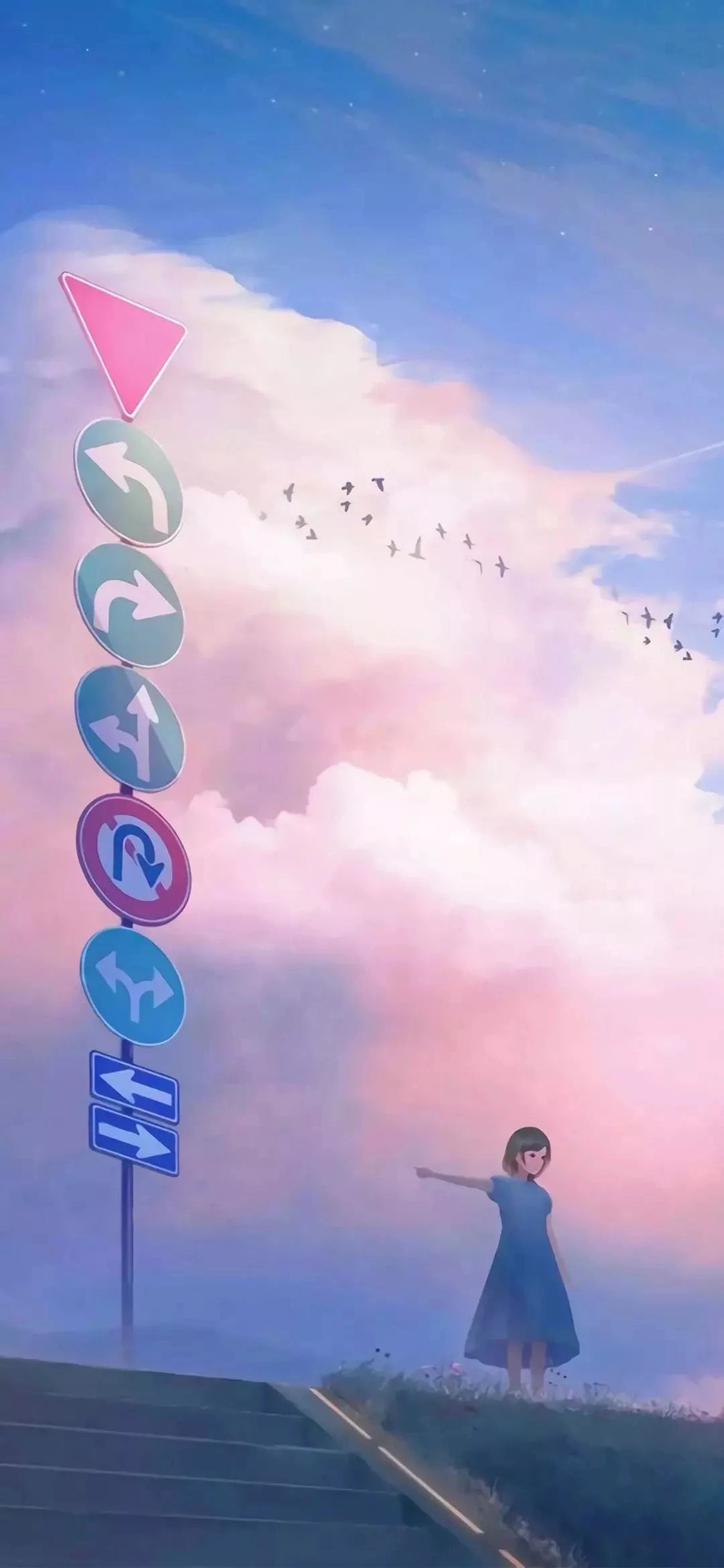 [2436×1125]插画 女孩 路牌 天空 苹果手机动漫壁纸图片