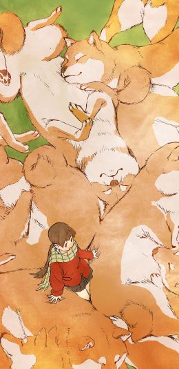 [2436x1125]插画 小女孩 柴犬 密集 苹果手机动漫壁纸图片