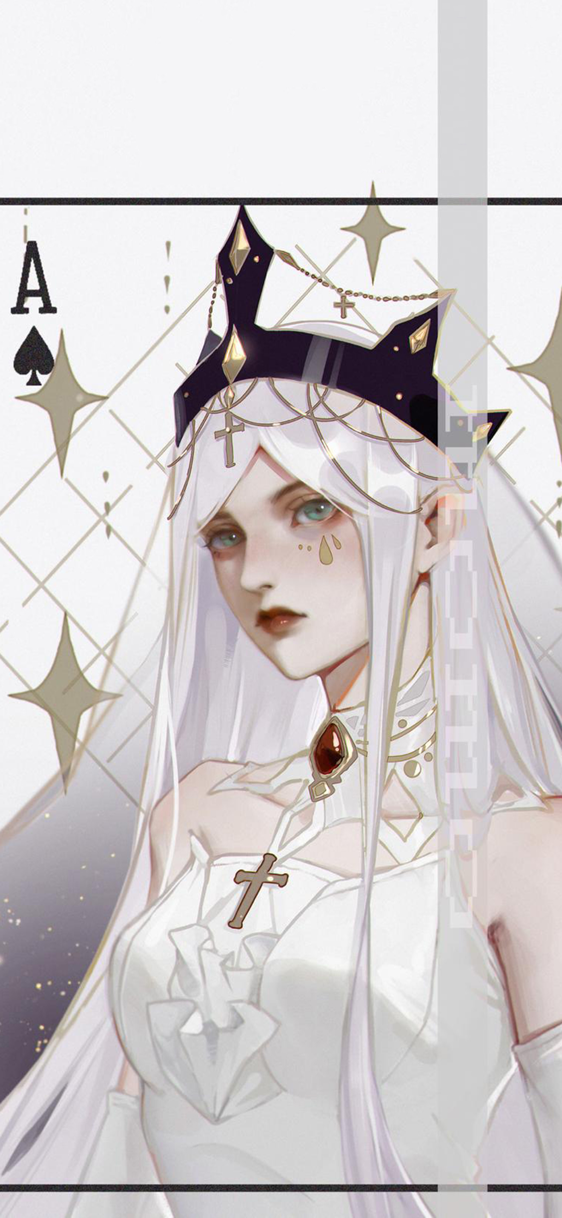 [2436×1125]插画 扑克 黑桃A 女孩 皇冠 苹果手机动漫壁纸图片