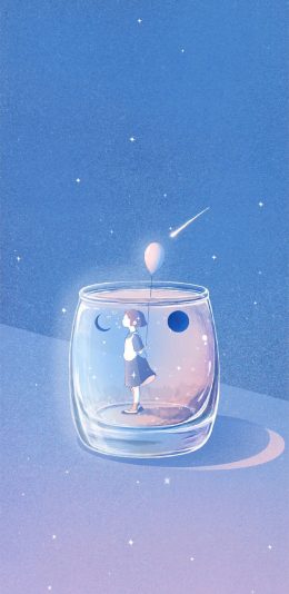 [2436x1125]插画 杯子 玻璃杯 女孩 气球 苹果手机动漫壁纸图片