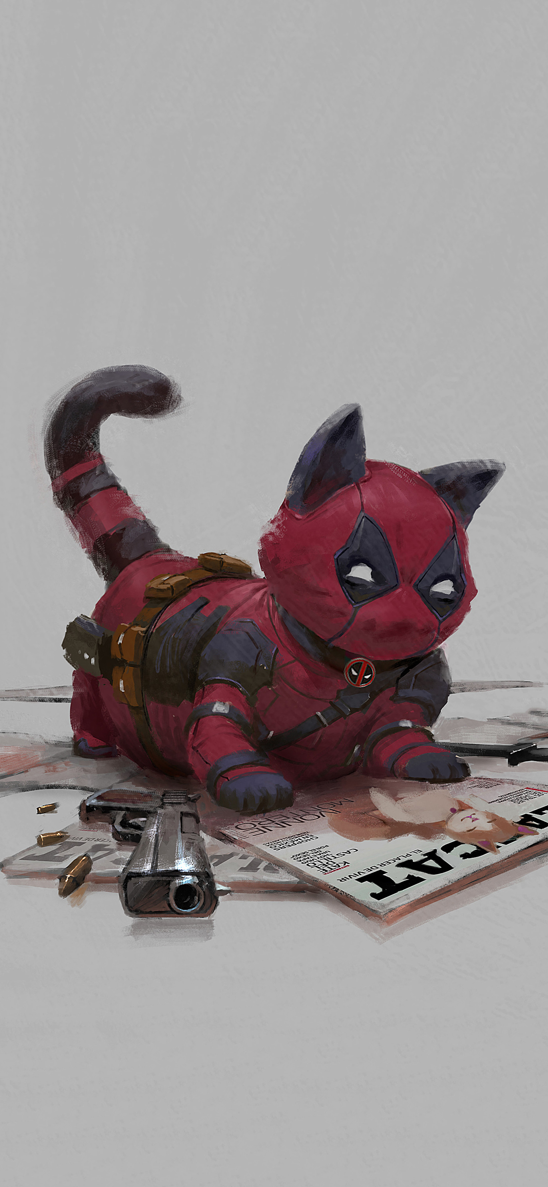 [2436×1125]插画 死侍 猫咪造型 漫威 苹果手机动漫壁纸图片