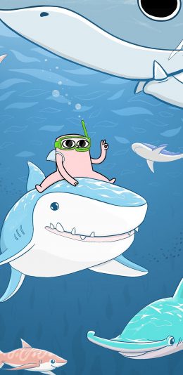 [2436x1125]插画 海洋 趣味 鲨鱼 苹果手机动漫壁纸图片