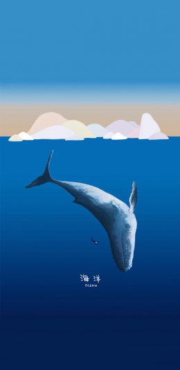 [2436x1125]插画 海洋 鲸鱼 蓝色 苹果手机动漫壁纸图片